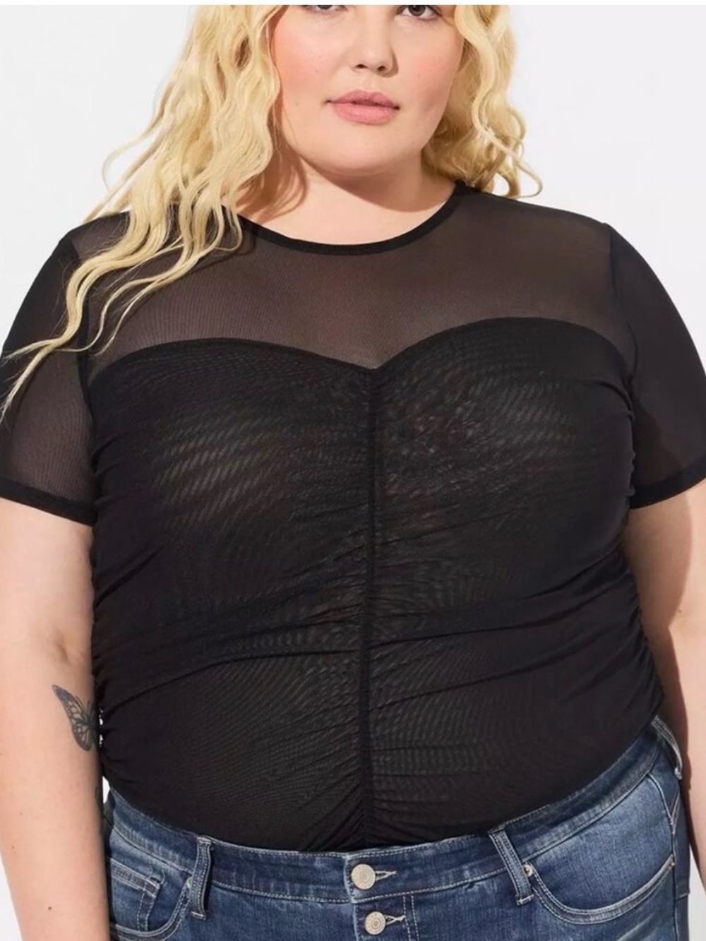 Torrid Black Stretch Mesh Crew Neck Ruched Top 2X NWT 40370093